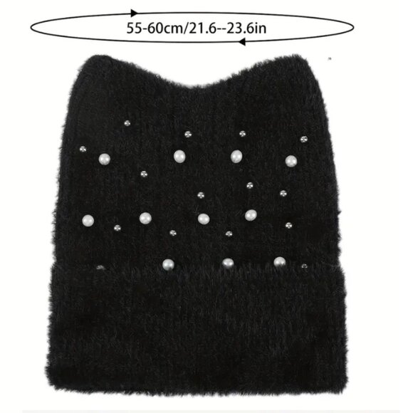 Fuzzy Black Knit Cat Ear Beanie with Pearls – Cute Winter Hat Women’s Warm Soft - Picture 2 of 6